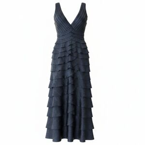 Adrianna Papell Brown Bronze Layered Tiers Shutter Tuck Pleats Maxi Gown Sz 4